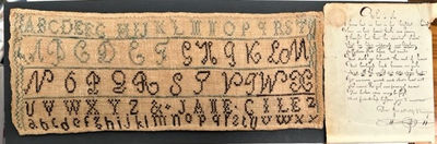 Original cotton on linen sampler framed with a 12 line manuscript poem dated 1827