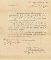 Circular / Treasury Department, March 25, 1795. Sir, It is necessary that I inform you that John Kean, Esquire, has resigned the office of Cashier of the Bank of the United States, in consequence of an Infirm state of health, and that George Simpson, Esquire, as been appointed his Successor. [Signed by Wolcott and Simpson]