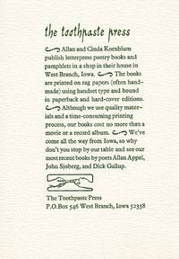 Toothpaste Press. Allan and Cinda Kornblum publish letterpress poetry books