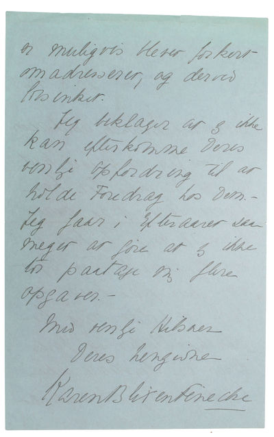 Orig. handwritten and signed letter for "Kjære Fru Munch Andersen." (Dear Mrs. Munch Andersen). - [A HANDWRITTEN LETTER FROM THE AUTHOR OF "OUT OF AFRICA"] (photo 2)