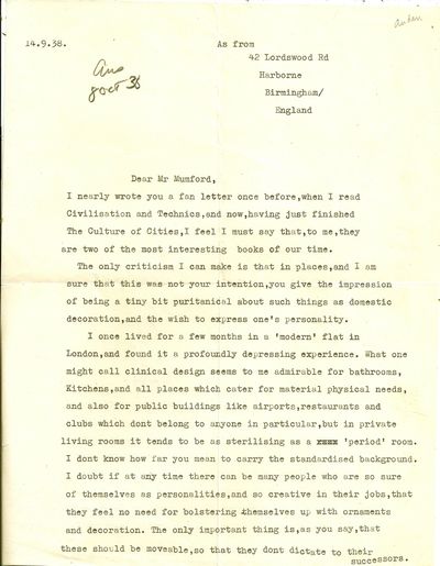 TYPED LETTER SIGNED (TLS) to Lewis Mumford
