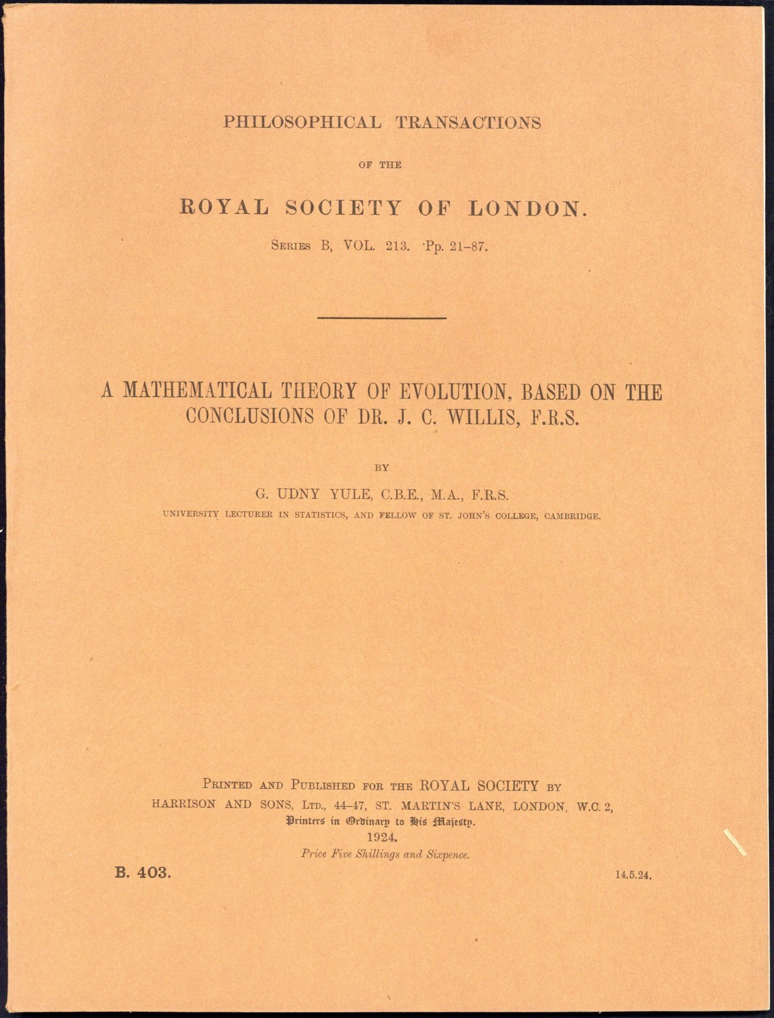 A mathematical theory of evolution, based on the c