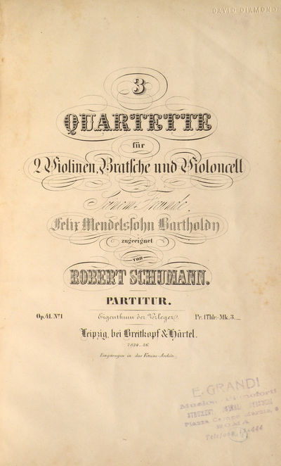 [Op. 41, no. 1]. 3 Quartette für 2 Violinen, Bratsche und Violoncell Seinem Freunde Felix Mendelssohn Bartholdy zugeeignet... Partitur. Op. 41 No. 1... Pr. 1 Thlr. - Mk. 3. [Full score]