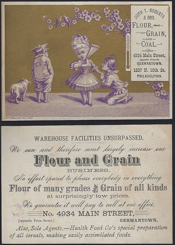VICTORIAN TRADE CARD FOR JOHN T. ROBERTS, FLOUR, GRAIN, AND COAL WITH BOYS AND GIRLS AND DOG
