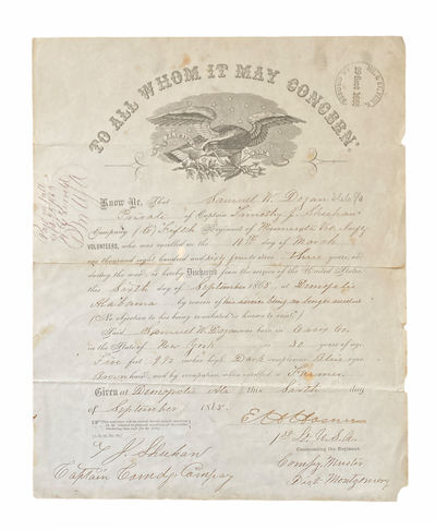 Civil War Discharge Papers of Samuel W. Dogan, Company C, 5th Minnesota Infantry, Participant in the Siege of Vicksburg, the Battle of Nashville, and the Battle of Tupelo