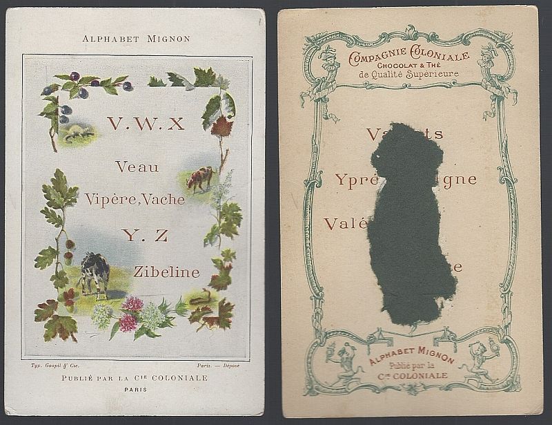 VICTORIAN TRADE CARD FOR COMPAGNIE COLONIALE CHOCOLATE ALPHABET LETTERS V W X Y Z
