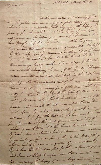 Autograph Letter Signed, Philadelphia March 22, 1794 to Jasper Yeates, Lancaster