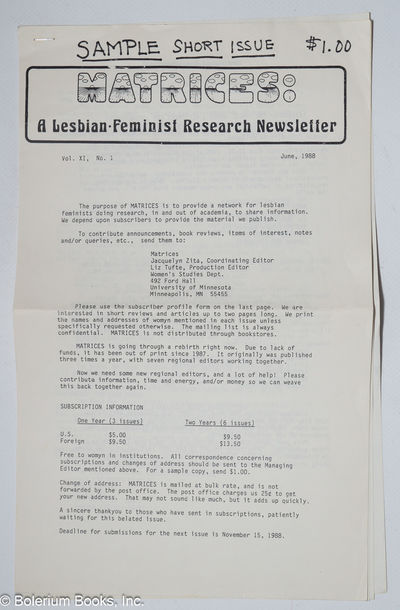 Matrices: a lesbian/feminist research newsletter, vol. 11, #1, June 1988; sample short issue