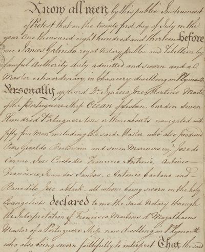 A Manuscript ‘Public Statement of protest’ Recording the Hostile Actions of a French Privateer Against a Portuguese Merchantman, in June 1813