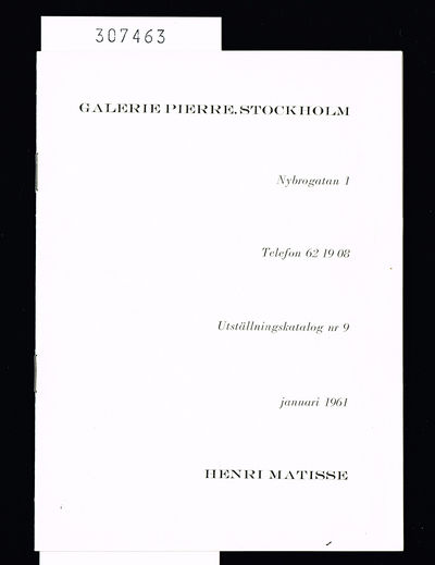 Henri Matisse. Utställningskatalog nr 9. Januari…