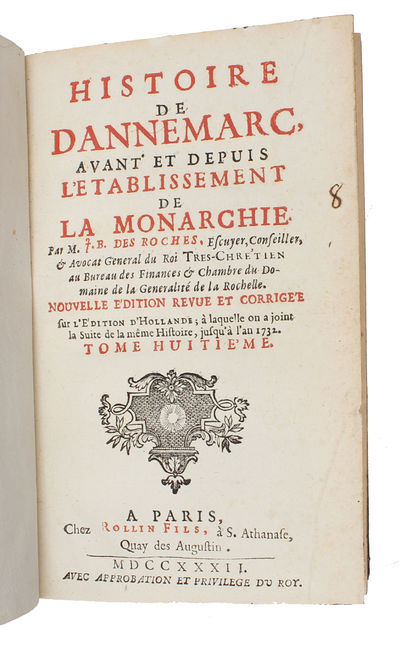 Histoire de Dannemarc, avant et depuis l'établissement de la monarchie.‎ Nouvelle Edition. 9 vols.  - [BEAUTIFULLY BOUND COPY OF THE FIRST FRENCH WORK ON THE HISTORY OF DENMARK] (photo 12)