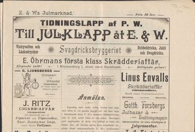 Tidningslapp af P.W. Till julklapp åt E.& W.