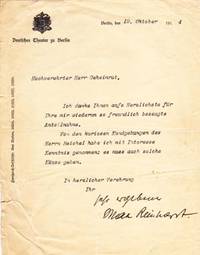 Typed letter signed; "Ihr ergebener Max Reinhardt," to Joseph Kohler, October 19, 1914 by Max Reinhardt - from Locus Solus Rare Books (SKU: 203524)