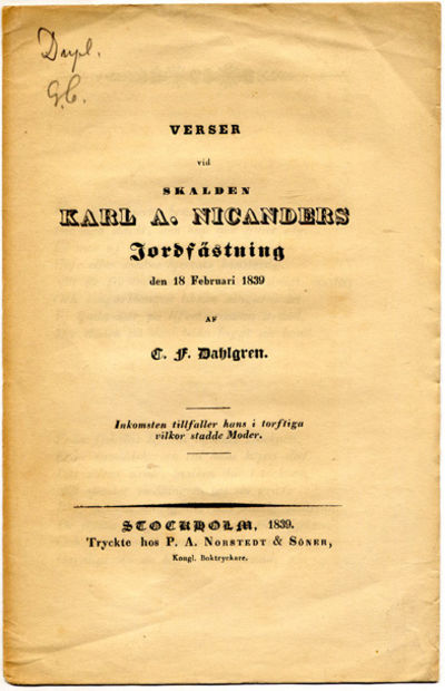 Verser vid skalden Karl A. Nicanders jordfästning…
