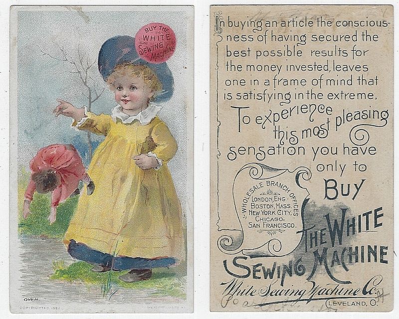 VICTORIAN TRADE CARD FOR WHITE SEWING MACHINE WITH LITTLE GIRL DROPPING HER DOLL IN THE RIVER