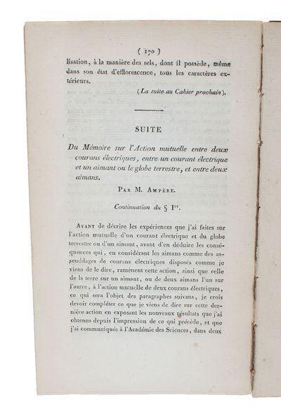 Mémoire présenté á l'Académie royale des Sciences, le 2 octobre 1820, où se trouve compris le résumé de ce qui avait été lu á la même Académie les 18 et 25 septembre 1820, sur les effets des courans électriques. [AND] Suite du Mémoire sur l'Action m... - [FOUNDATION OF ELECTRODYNAMICS] (photo 2)