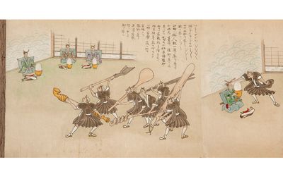 Handscroll on mica-sprinkled paper, entitled at beginning of text “Nikkosan gohan haiken no oboe gaki” [“Nikko Mountain Forced Rice Eating Ceremony, Revealed”]