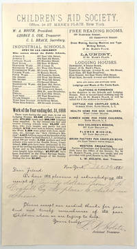 Children's Aid Society Donation Receipt and Circular -- 1888