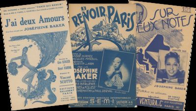 Three Pieces of Illustrated Sheet Music Showing Josephine Baker in Paris: J’ai deux Amours; Sur Deux Notes; Revoir Paris