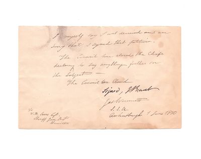 Signed note by Mohawk leader John...