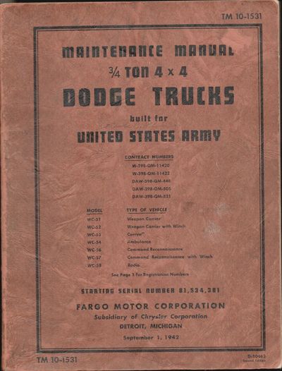 Maintenance Manual, 3/4 Ton 4x4 Dodge Trucks built for United States Army, TM 10-1531