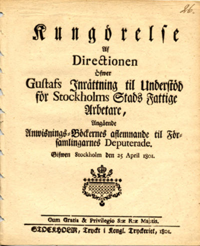 Kungörelse af Directionen öfwer Gustafs…