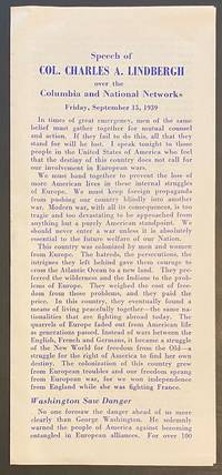 cover of Speech of Col. Charles A. Lindbergh over the Columbia and National networks. Friday, September 15, 1939
