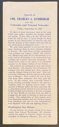 Speech of Col. Charles A. Lindbergh over the Columbia and National networks. Friday, September 15, 1939