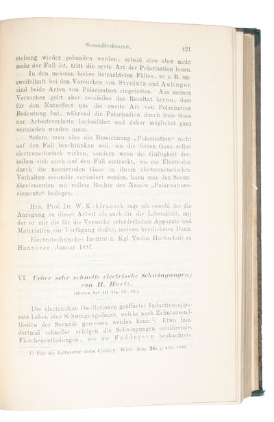 Ueber sehr schnelle electrische Schwingungen. (+) Nachtrag zu der Abhandlung über sehr Schnelle electrische Schwingungen (+) Ueber einen Einfluss des ultravioletten Lichtes auf die electrische Entladung. - [THE ANTICIPATION OF WIRELESS TELEGRAPHY] (photo 2)
