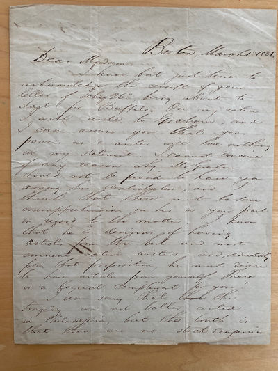 Letter from Edwin Percy Whipple to Elizabeth Oakes Smith, Praising her Writing and Excoriating the State of American Theater, 1851