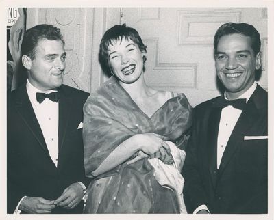 N.p.: N.p., 1956. Vintage photograph of actors Shirley MacLaine and Cantinflas with producer Mike To...