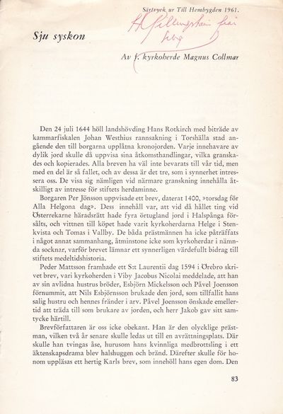 Sju syskon. Särtryck ur Till hembygden 1961.