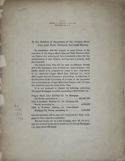 TO THE HOLDERS OF SECURITIES OF THE OREGON SHORT LINE AND UTAH NORTHERN RAILWAY SYSTEM.... [caption title]