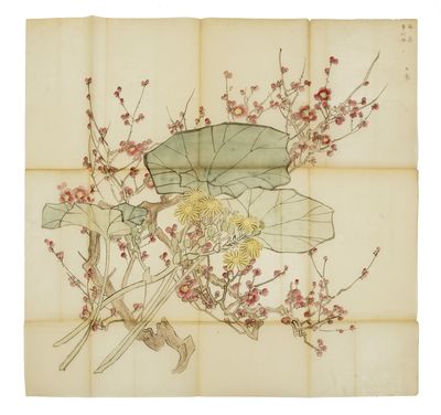 Album of loose large folded sheets of designs for ceiling decorations prepared by various disciples (see below) of Matsumura Keibun