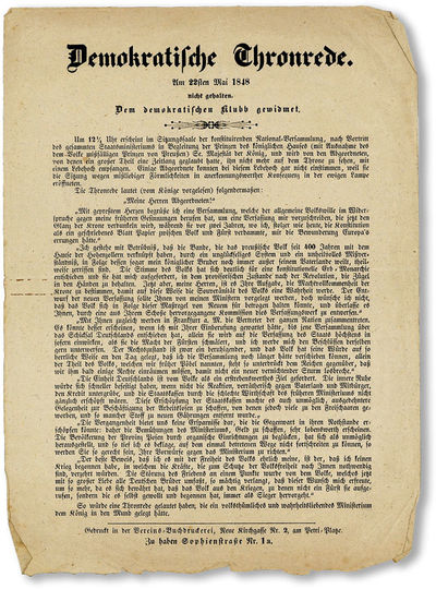 Demokratische Thronrede um 22sten Mai 1848 nicht gehalten. Dem demokratische Klubb gewidmet