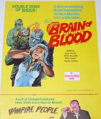 Campaign Brochure for Horror Film Double Feature: "Brain of Blood" and "Vampire People". Double Dose of Shok! A Blood-dripping Brain Transplant turns a Maniac into a Monster ... Brain of Blood. And A cult of Undead Creatures seek fresh warm Human Blood! Vampire People