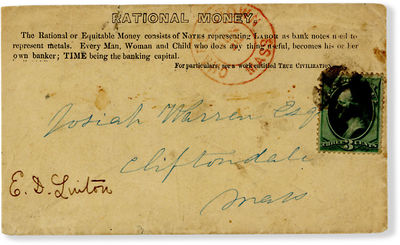 Printed "Rational Money" Postal Envelope, ca. 1870, Addressed to Josiah Warren from E.D. Linton