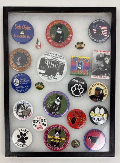 LOT OF 22 BILL CLINTON POLITICAL BUTTONS AND PINS FEATURING HIS CAT, "SOCKS