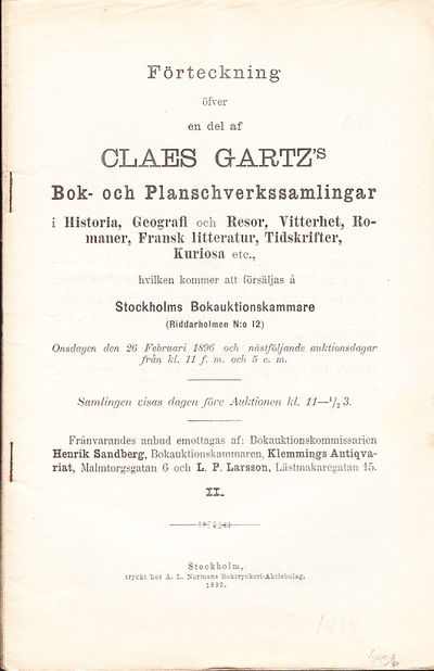 Förteckning öfver en del af Claes Gartz’s bok-…