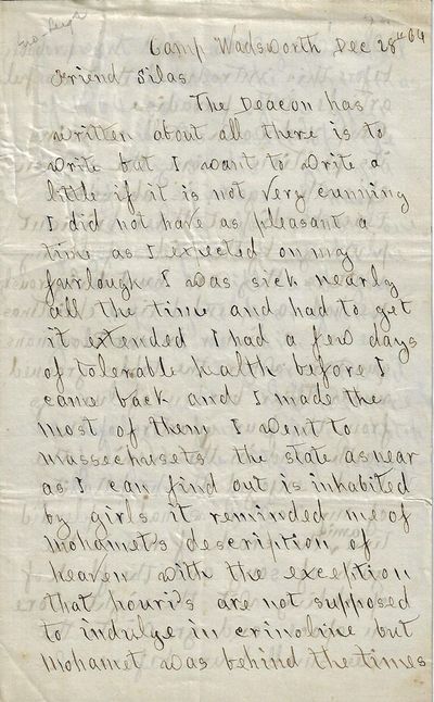 1864 – A New York soldier sarcastically describes life at Camp Wadsworth, which was a contraband holding encampment located in Fairfax, Virginia