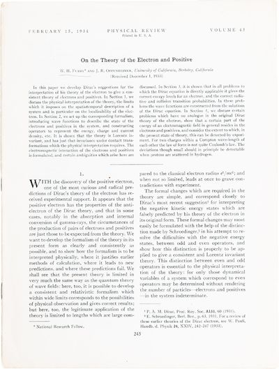 On the Theory of the Electron and Positive; FromThe Physical Review, vol. 45, February 15, 1934. pp. 245-262