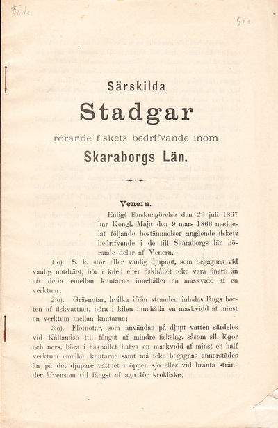 Särskilda stadgar rörande fiskets bedrifvande…