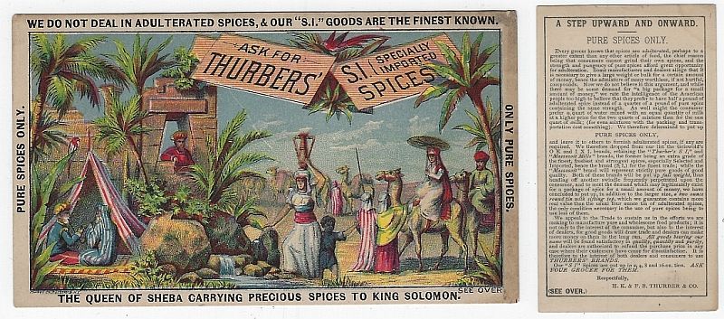 Advertisement - Victorian Trade Card for Thurbers' Spices with Queen of Sheba