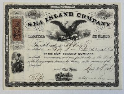 STOCK CERTIFICATE FOR FIFTY SHARES OF THE SEA ISLAND COMPANY: "INCORPORATED UNDER THE LAWS OF THE STATE OF NEW YORK. SEA ISLAND COMPANY, CAPITAL $300,000. THIS IS TO CERTIFY THAT T.G. FERREBY IS ENTITLED TO FIFTY SHARES OF THE CAPITAL STOCK OF THE SEA ISLAND COMPANY (NOT LIABLE TO ASSESSMENTS) AND TRANSFERABLE ONLY ON THE BOOKS OF THE COMPANY IN PERSON OR BY ATTORNEY ON THE SURRENDER OF THIS CERTIFICATE. DATED NEW YORK, APRIL 25TH, 1861. [signed] C.C. PUFFER, SECRETARY. [signed] ALFRED ELY, PRESIDENT.