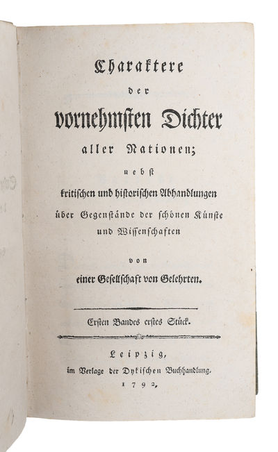 Charaktere der vornehmsten Dichter aller Nationen, nebst kritischen und historischen Abhandlungen uber Gegenstande der schonen Kunste und Wissenschaften von einer Gesellschaft von Gelehrten. Vols. 1-5 (out of 8). (photo 2)