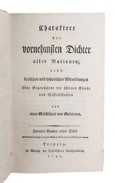 Charaktere der vornehmsten Dichter aller Nationen, nebst kritischen und historischen Abhandlungen uber Gegenstande der schonen Kunste und Wissenschaften von einer Gesellschaft von Gelehrten. Vols. 1-5 (out of 8). (photo 3)