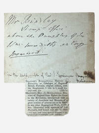 Autograph note by biographer Reverend James Granger (1773-1776) to bibliophile James Brindley