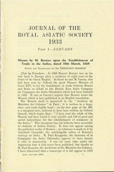 Minute by M. Bernier upon the Establishment of Trade in the Indies, dated 10th March, 1668. [From the] Journal of the Royal Asiatic Society 1933. Part I. January