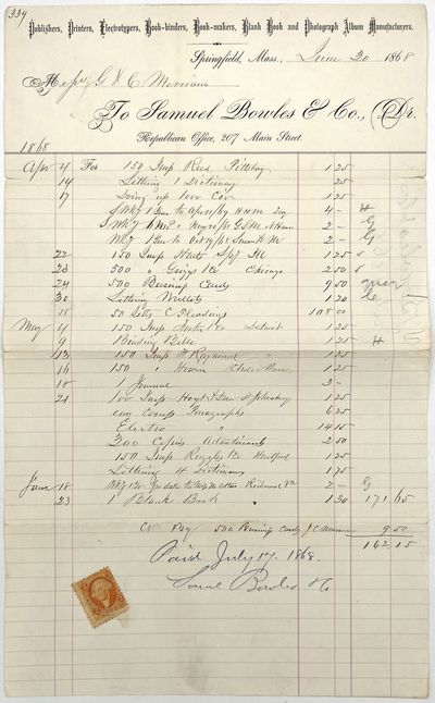 Receipt for George and Charles Merriam from the Publisher and Stationer Samuel Bowles & Co