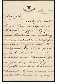 image of AUTOGRAPH LETTER TO MAJOR J. B. POND SIGNED BY W. S. SANDS, KING'S INSPECTOR OF HOLYROOD PALACE, THANKING POND FOR SENDING HIM A COPY OF HIS BOOK "ECCENTRICITIES OF GENIUS".